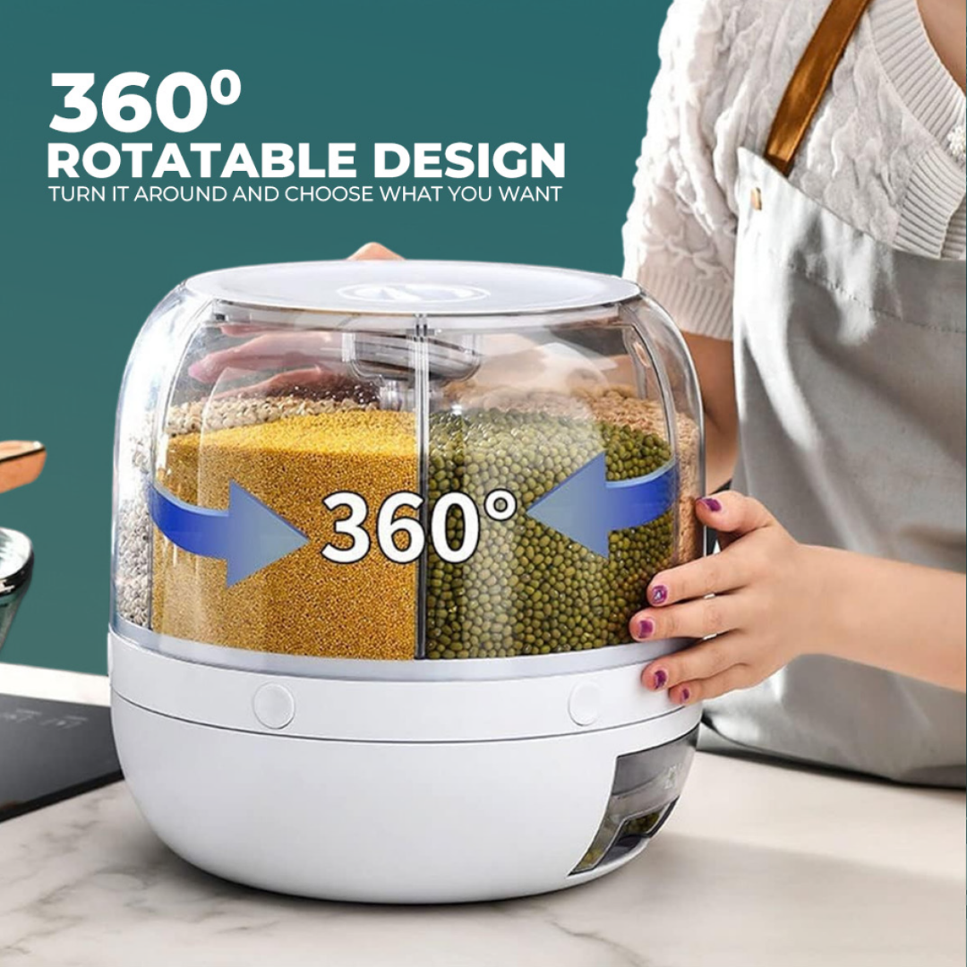 360° Rotating 6-Grid Rice Dispenser | 6kg Grain Storage with One-Touch Dispensing