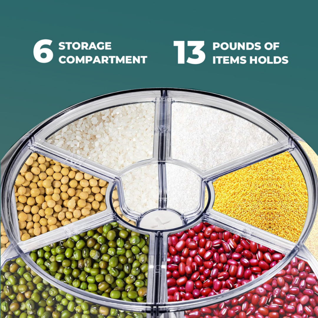 360° Rotating 6-Grid Rice Dispenser | 6kg Grain Storage with One-Touch Dispensing