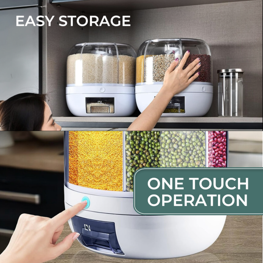 360° Rotating 6-Grid Rice Dispenser | 6kg Grain Storage with One-Touch Dispensing