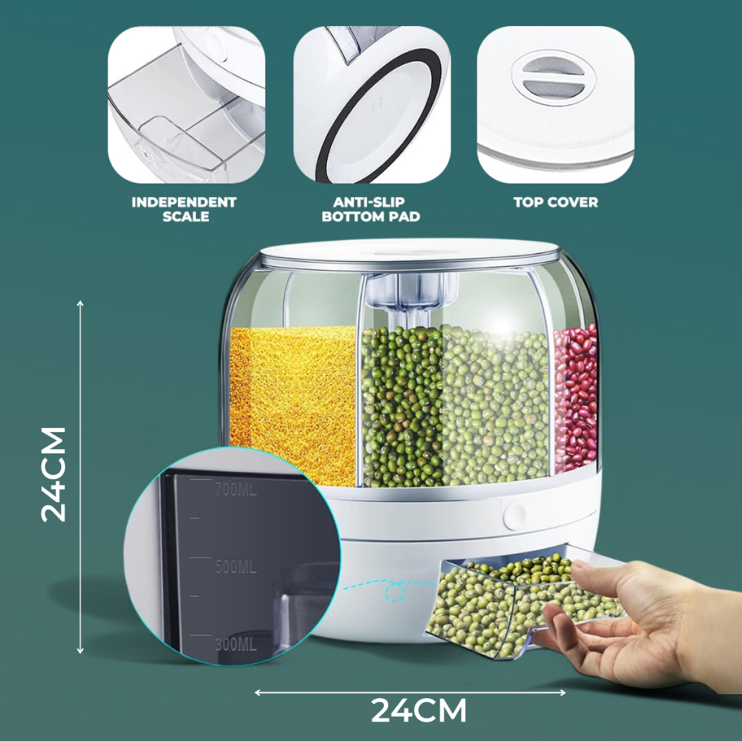 360° Rotating 6-Grid Rice Dispenser | 6kg Grain Storage with One-Touch Dispensing