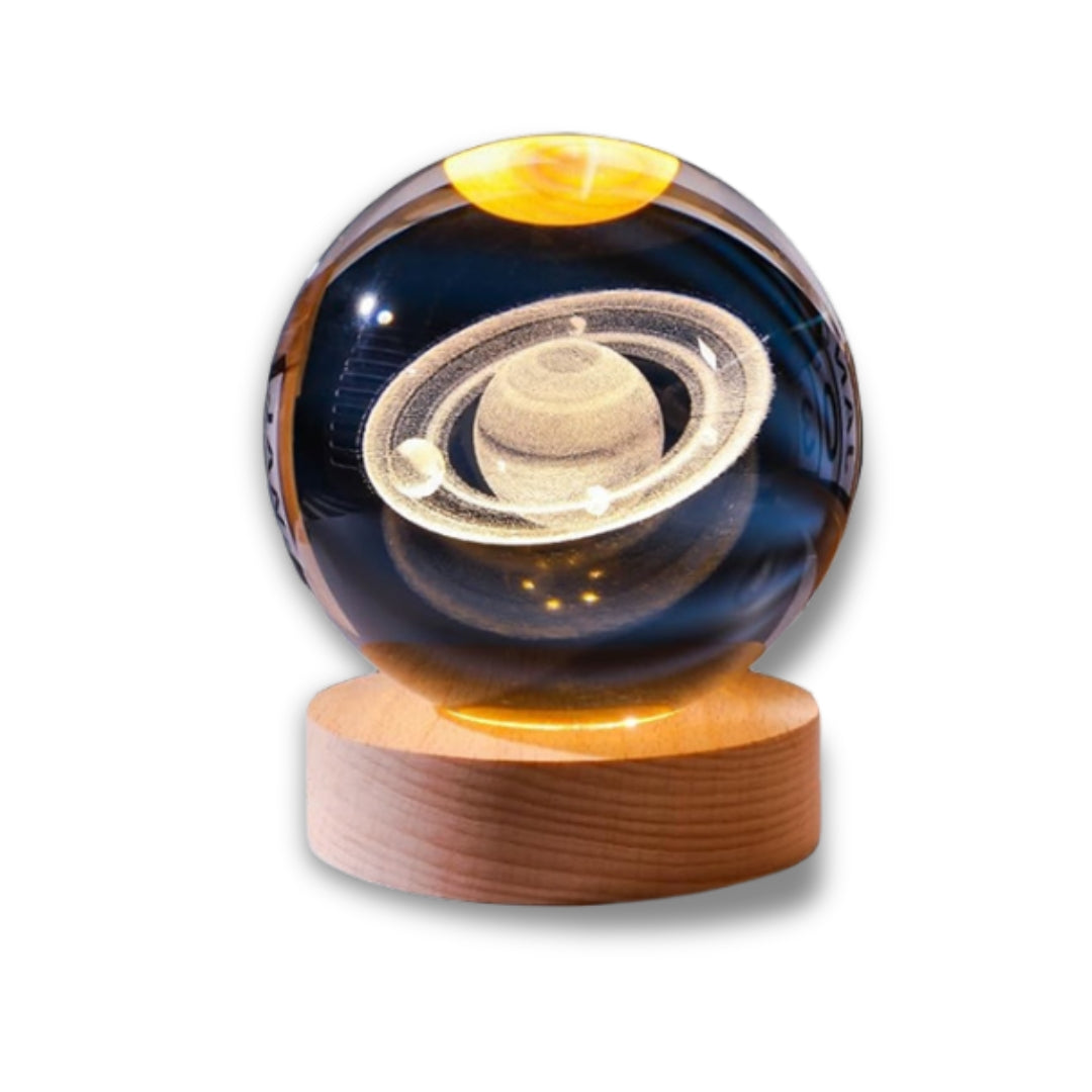 3D Solar System & Saturn Crystal Ball Night Light with Wooden Base