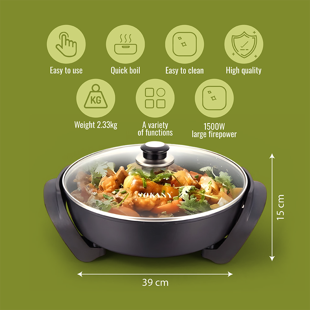 Sokany Electric Non-Stick Frying Pan |Adjustable Heat Control & Tempered Glass Lid
