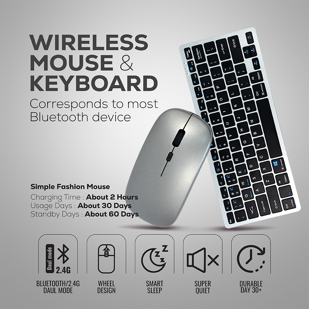 Wireless Bluetooth Keyboard and Mouse Combo | Ultra-Slim, Rechargeable, Silent Typing