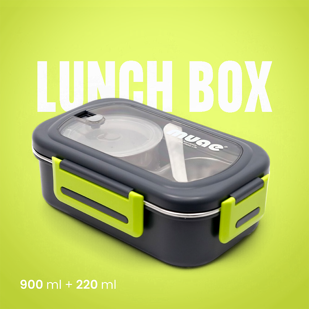DuoCompartment Steel Lunch Box | 900ml + 220ml | Spoon & Sauce Pot Included