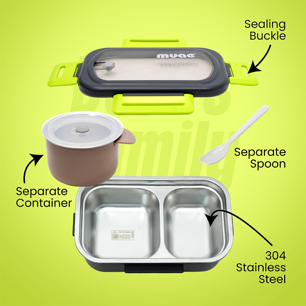 DuoCompartment Steel Lunch Box | 900ml + 220ml | Spoon & Sauce Pot Included
