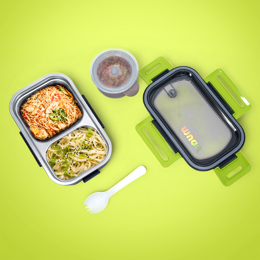 DuoCompartment Steel Lunch Box | 900ml + 220ml | Spoon & Sauce Pot Included