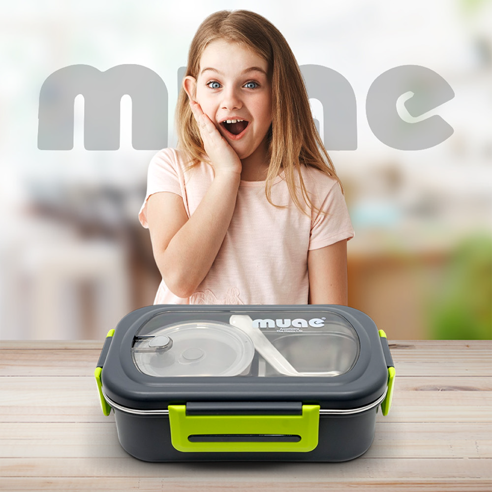 DuoCompartment Steel Lunch Box | 900ml + 220ml | Spoon & Sauce Pot Included