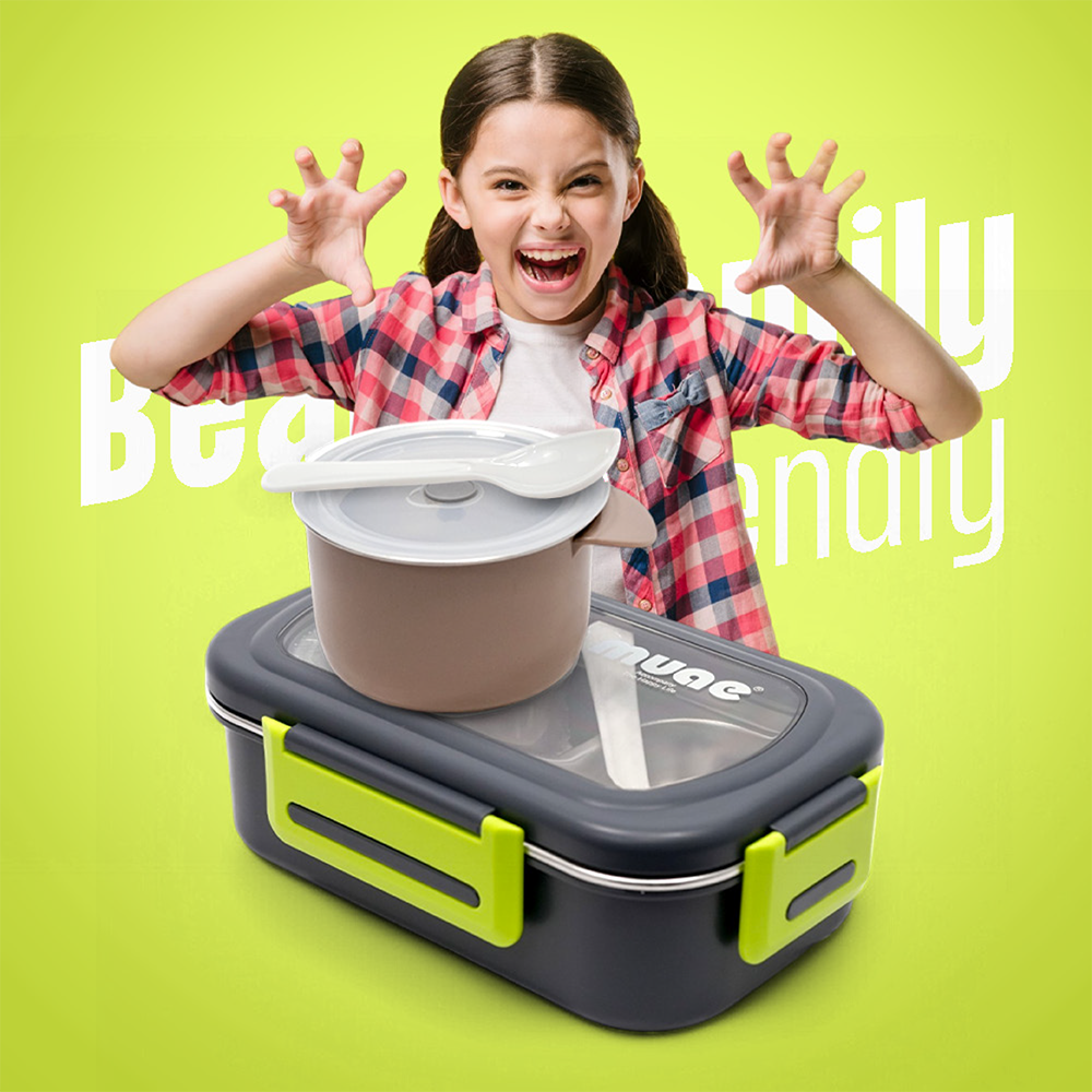 DuoCompartment Steel Lunch Box | 900ml + 220ml | Spoon & Sauce Pot Included