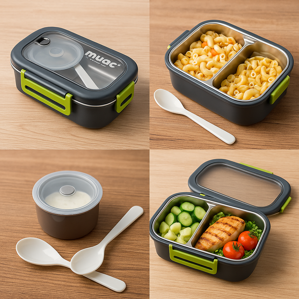 DuoCompartment Steel Lunch Box | 900ml + 220ml | Spoon & Sauce Pot Included