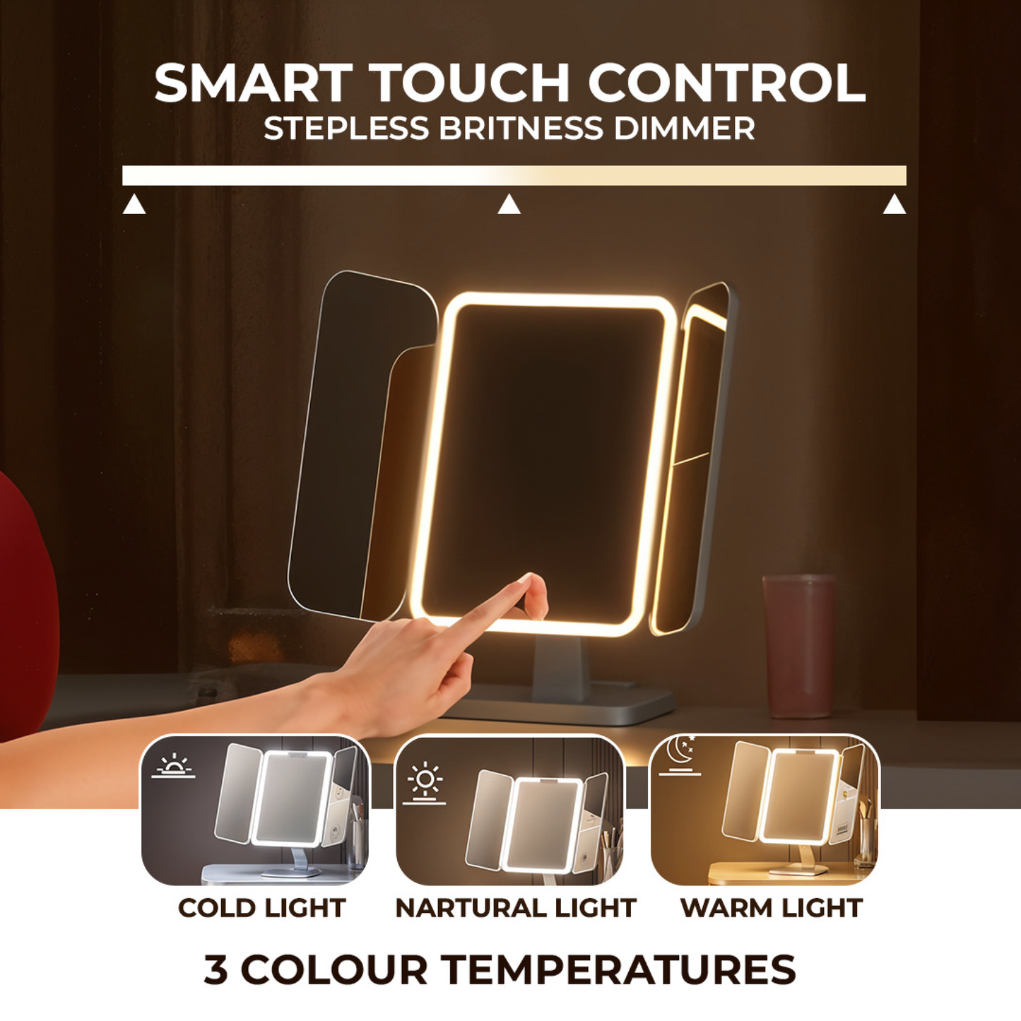 Trifold Makeup Mirror with Lights | 1X/2X/3X Magnification & Touch-Control LED
