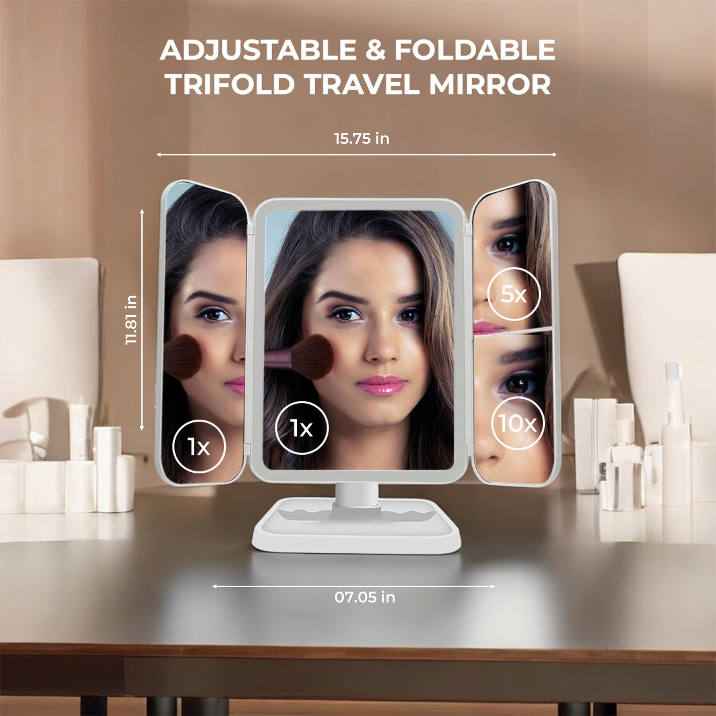 Trifold Makeup Mirror with Lights | 1X/2X/3X Magnification & Touch-Control LED