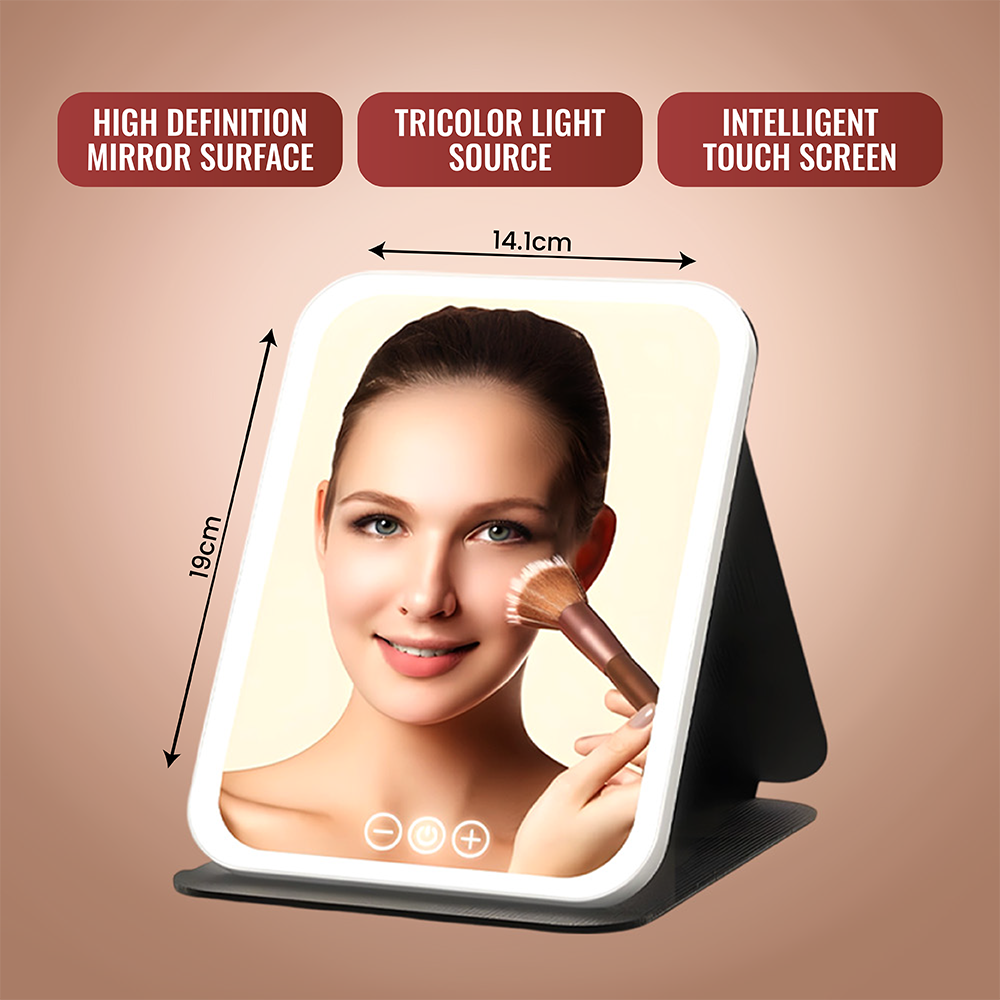 Travel Makeup Mirror | Dimmable LED | Foldable, Ultra-Thin & Touch Controlled