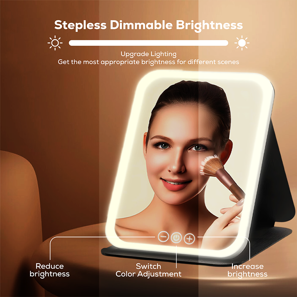 Travel Makeup Mirror | Dimmable LED | Foldable, Ultra-Thin & Touch Controlled