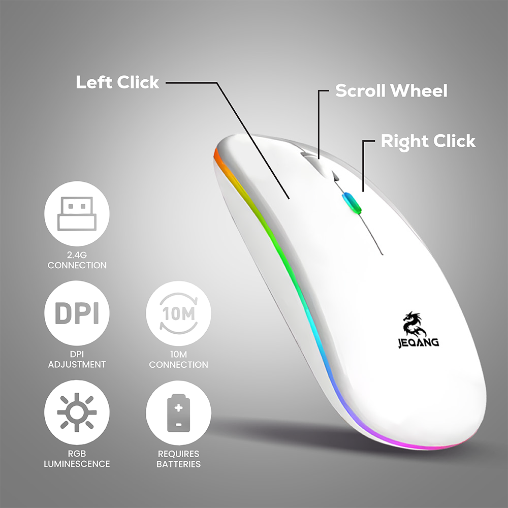 LED Backlit Wireless Mouse | Silent RGB 2.4GHz Optical Mouse with Adjustable DPI