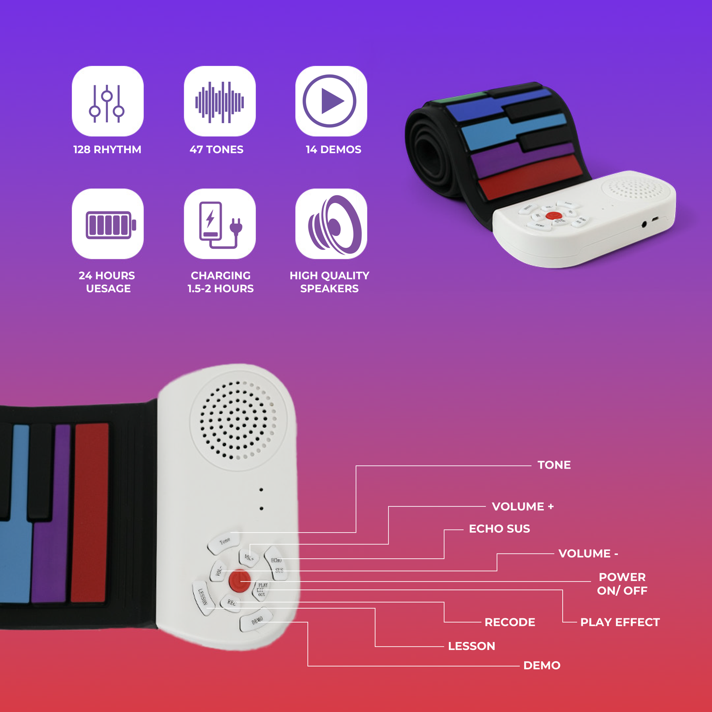 Roll Up Piano Keyboard for Kids & Beginners | Electronic Keyboard with Built-in Speakers