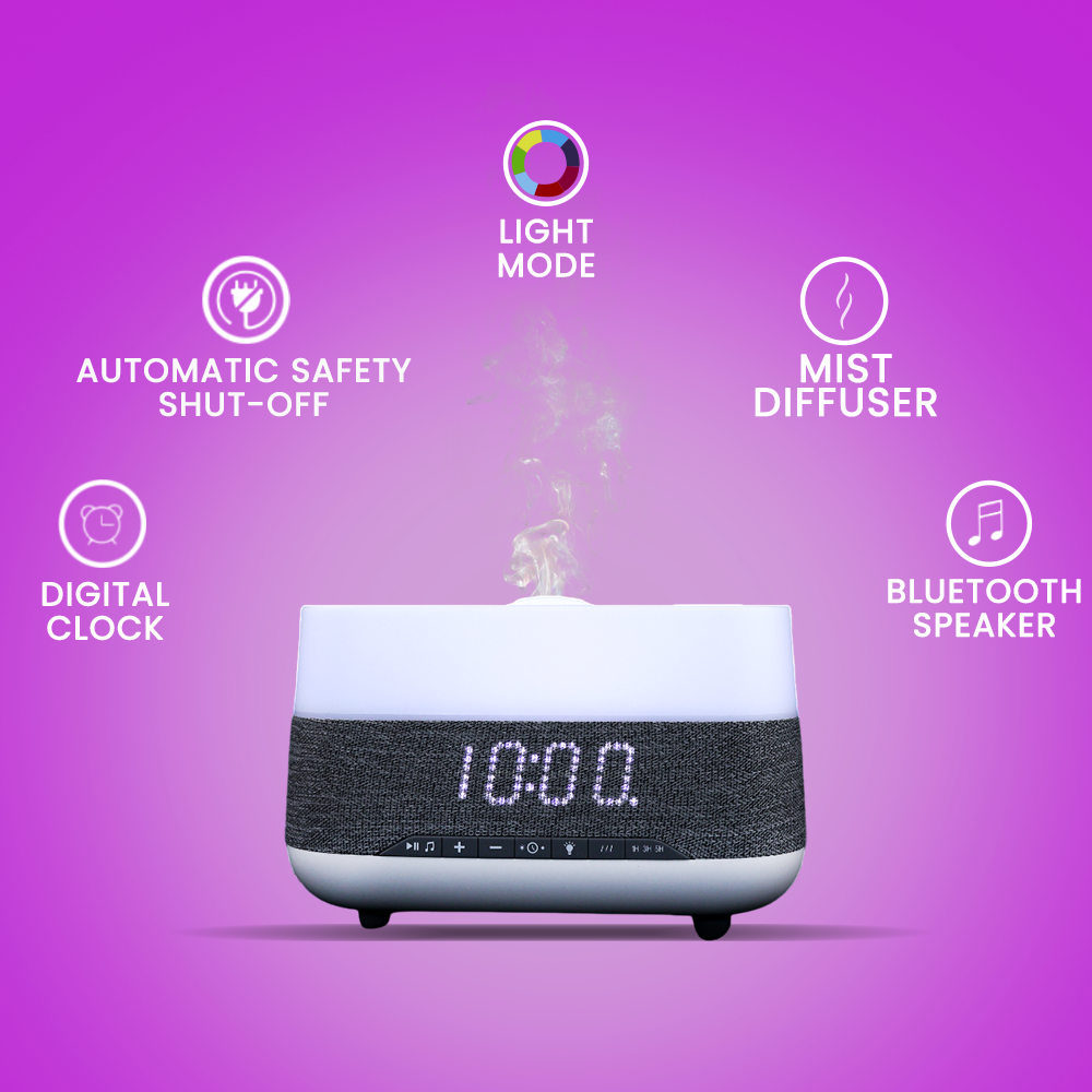 4-in-1 Aroma Diffuser | Bluetooth Speaker + Digital Alarm Clock + Flame Cool Mist Humidifier