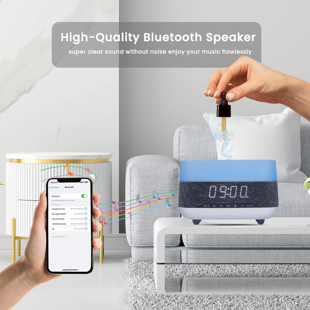 4-in-1 Aroma Diffuser | Bluetooth Speaker + Digital Alarm Clock + Flame Cool Mist Humidifier