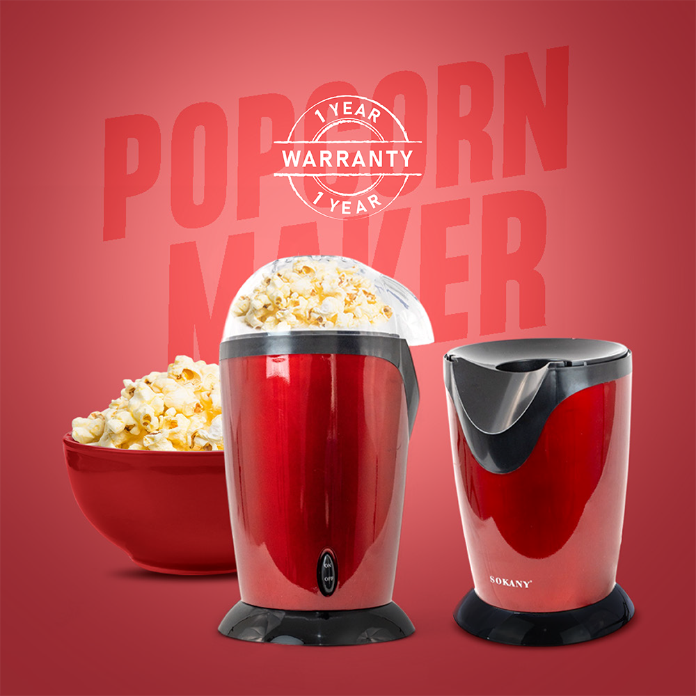 Electric Popcorn Maker Machine | Hot Air Oil-Free Popper with Transparent Lid