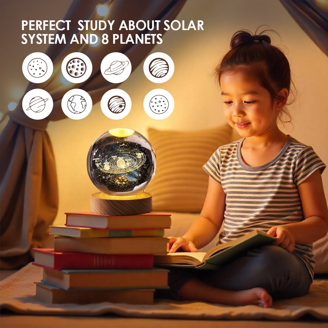 3D Solar System & Saturn Crystal Ball Night Light with Wooden Base
