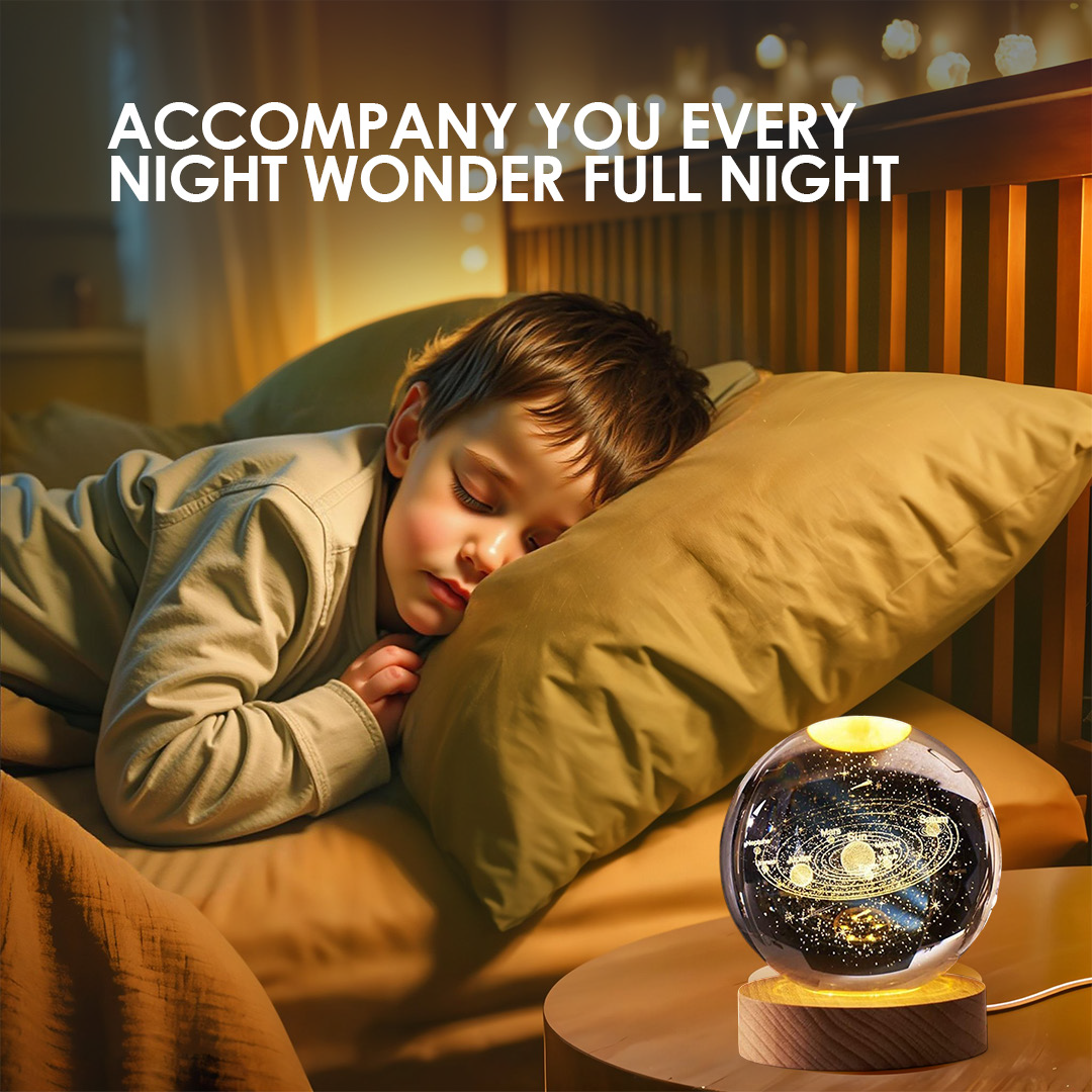 3D Solar System & Saturn Crystal Ball Night Light with Wooden Base