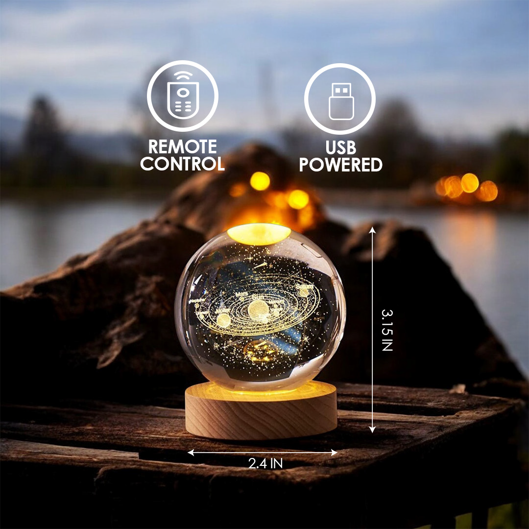 3D Solar System & Saturn Crystal Ball Night Light with Wooden Base