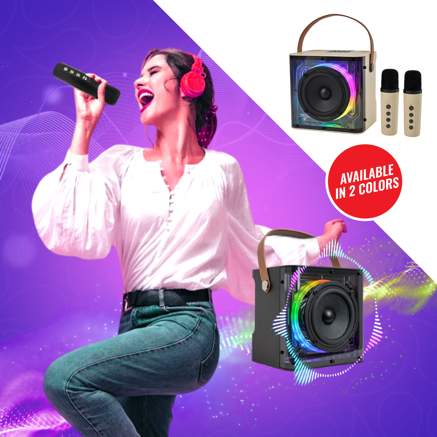 Portable Karaoke Machine with 2 Wireless Microphone | 15W Stereo Sound, RGB LED Lights
