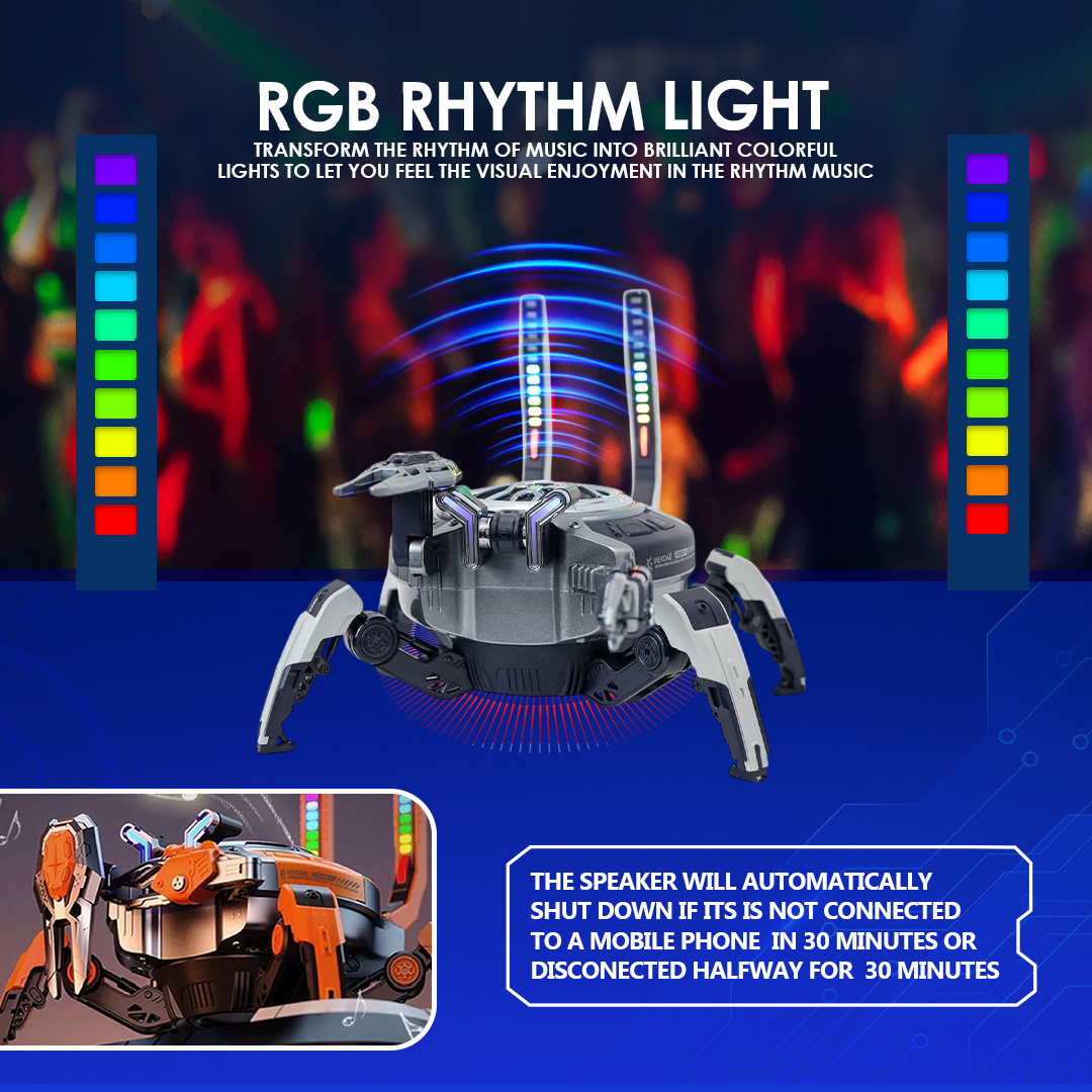 Crab Mecha Bluetooth Speaker with RGB Lights with Foldable Legs, 360° Stereo Sound