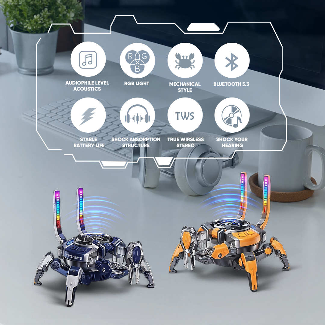 Crab Mecha Bluetooth Speaker with RGB Lights with Foldable Legs, 360° Stereo Sound