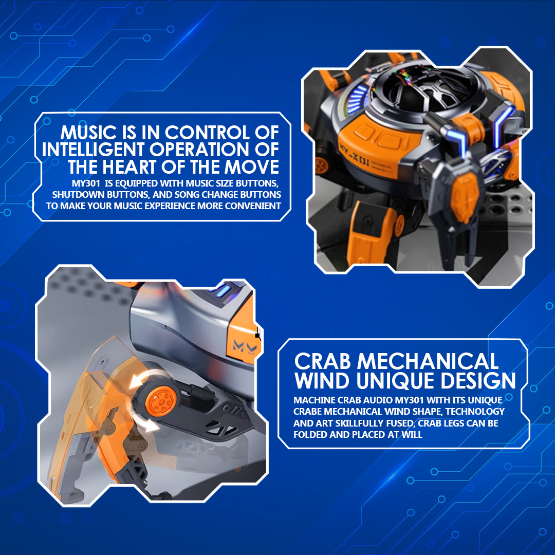Crab Mecha Bluetooth Speaker with RGB Lights with Foldable Legs, 360° Stereo Sound