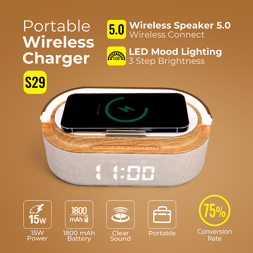6-in-1 Alarm Clock Radio With Bluetooth Speaker, 15W Wireless Charging, Dual Alarms, FM Radio & Night Light