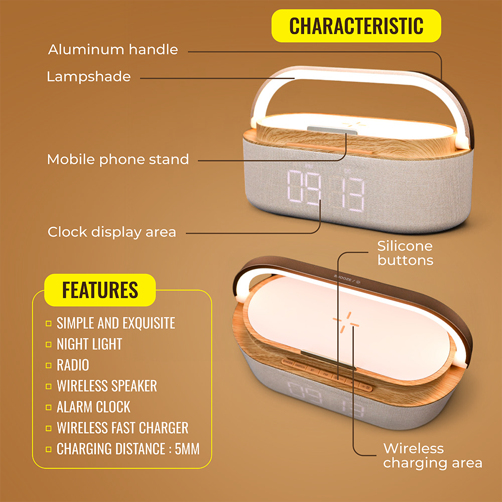 6-in-1 Alarm Clock Radio With Bluetooth Speaker, 15W Wireless Charging, Dual Alarms, FM Radio & Night Light