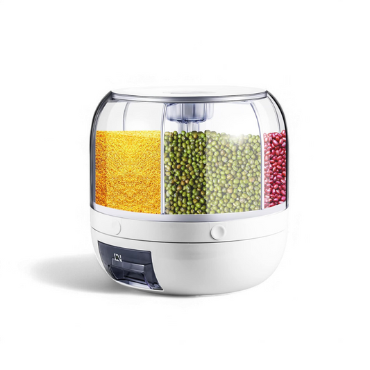 360° Rotating 6-Grid Rice Dispenser | 6kg Grain Storage with One-Touch Dispensing
