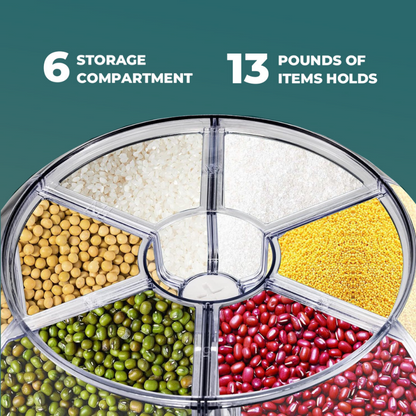 360° Rotating 6-Grid Rice Dispenser | 6kg Grain Storage with One-Touch Dispensing