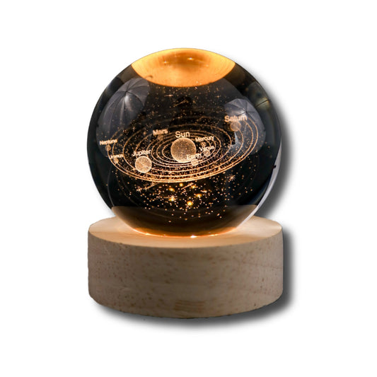 3D Solar System & Saturn Crystal Ball Night Light with Wooden Base