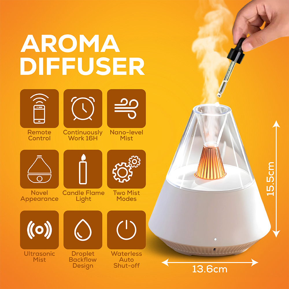 Flame Light Essential Oil Diffuser | Night Light, Auto Shut-Off & 2 Mist Modes