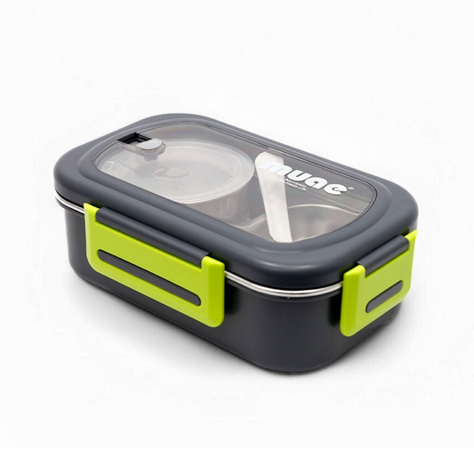 DuoCompartment Steel Lunch Box | 900ml + 220ml | Spoon & Sauce Pot Included