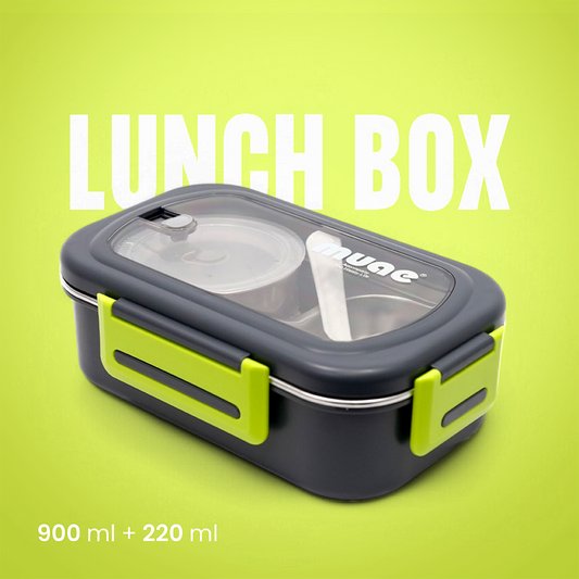 DuoCompartment Steel Lunch Box | 900ml + 220ml | Spoon & Sauce Pot Included