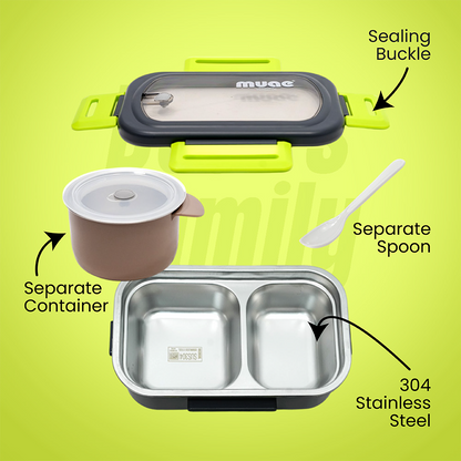 DuoCompartment Steel Lunch Box | 900ml + 220ml | Spoon & Sauce Pot Included