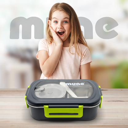 DuoCompartment Steel Lunch Box | 900ml + 220ml | Spoon & Sauce Pot Included