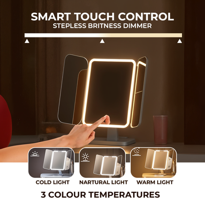 Trifold Makeup Mirror with Lights | 1X/2X/3X Magnification & Touch-Control LED
