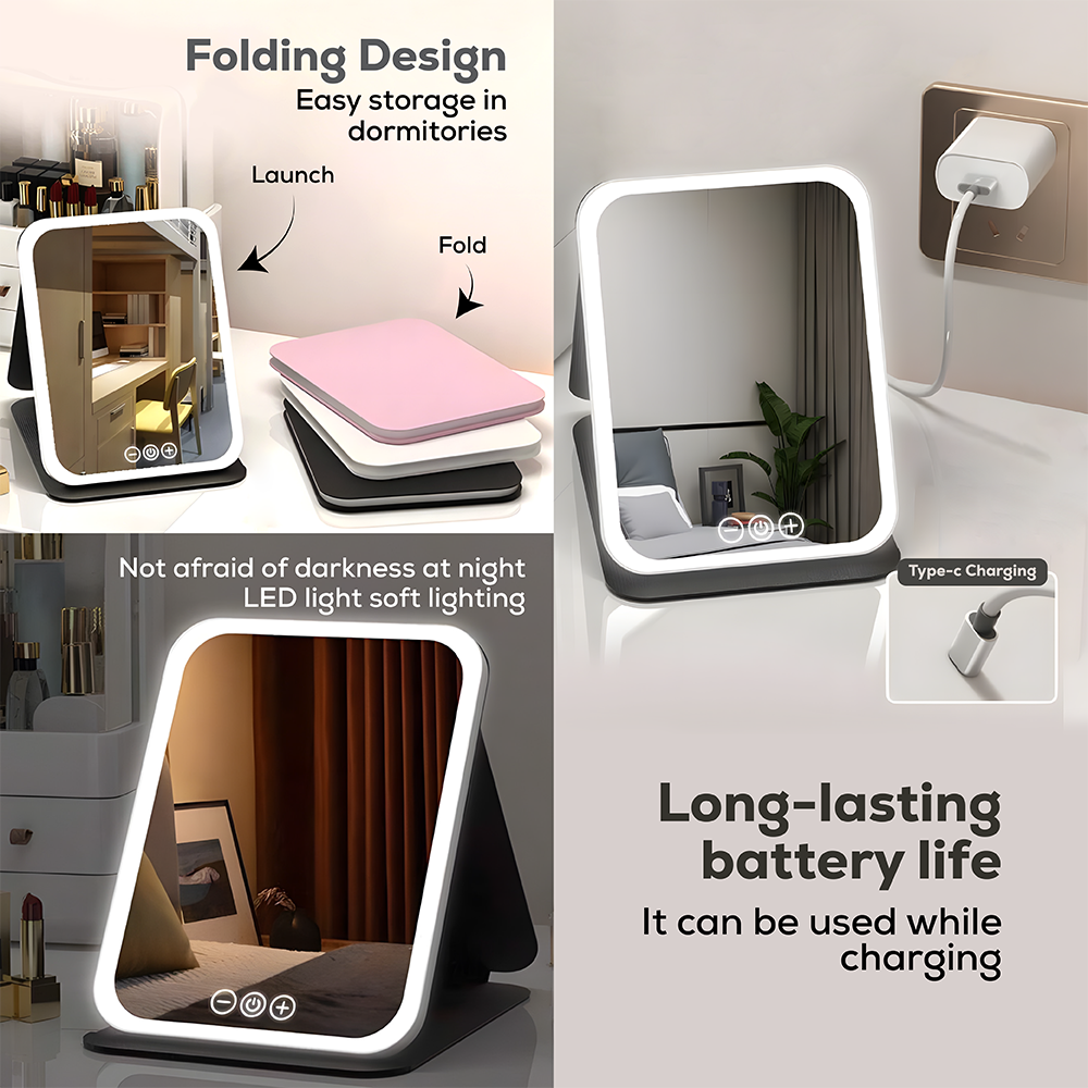Travel Makeup Mirror | Dimmable LED | Foldable, Ultra-Thin & Touch Controlled