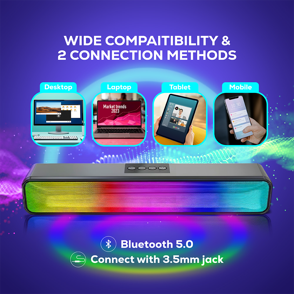 Portable Bluetooth RGB Speaker | Wireless Soundbar with 360° Stereo
