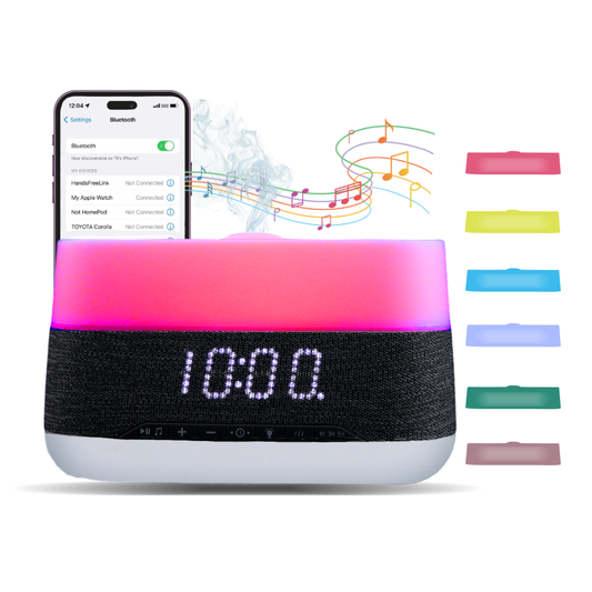 4-in-1 Aroma Diffuser | Bluetooth Speaker + Digital Alarm Clock + Flame Cool Mist Humidifier
