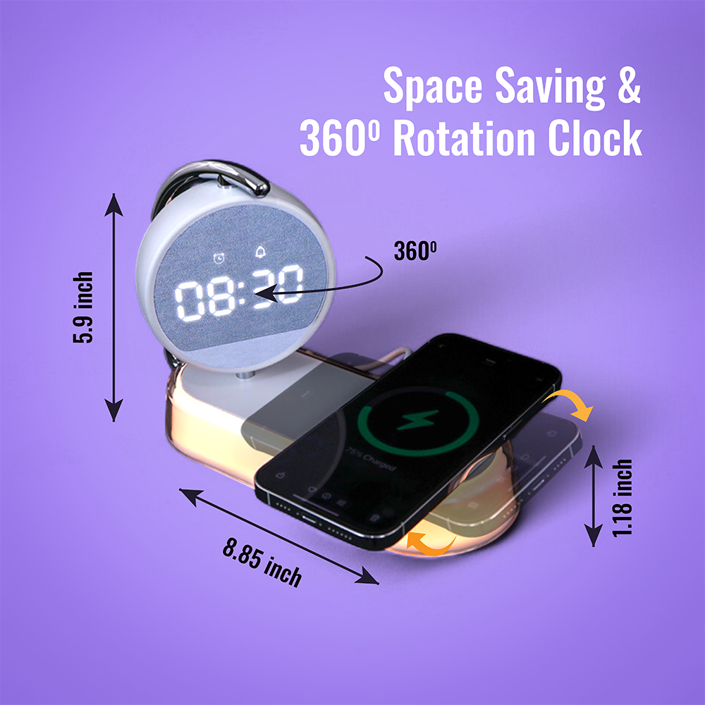 Alarm Clock with 15W Fast Wireless Charging, Touch Night Light & 360° LED Display