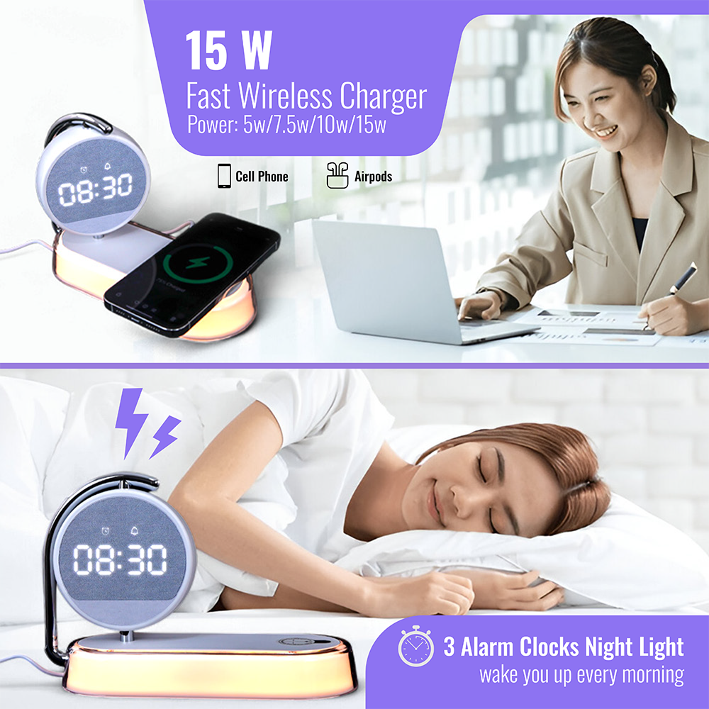 Alarm Clock with 15W Fast Wireless Charging, Touch Night Light & 360° LED Display