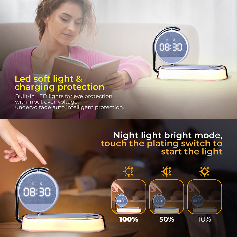 Alarm Clock with 15W Fast Wireless Charging, Touch Night Light & 360° LED Display